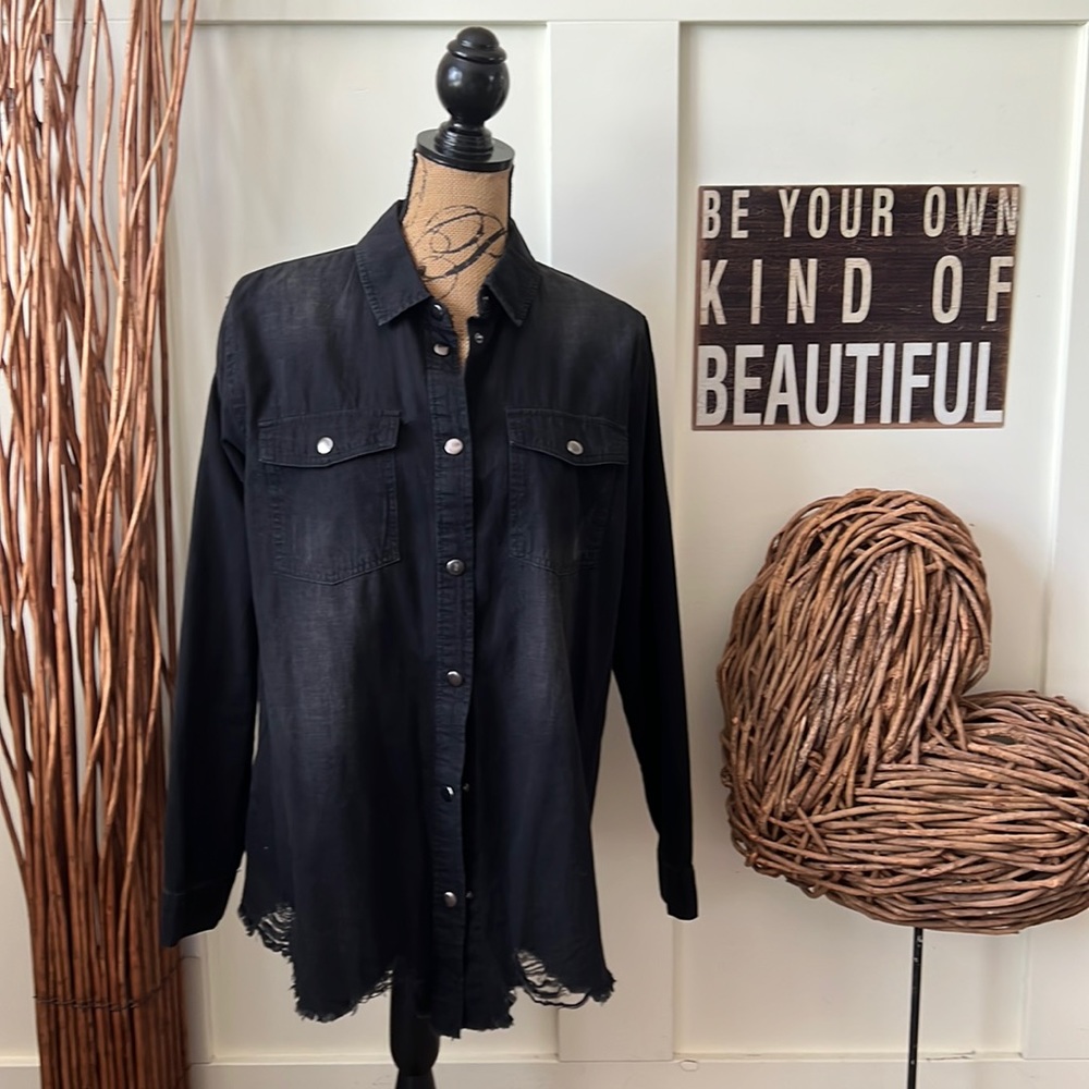 Cato Black Distressed Snap Front Long Sleeve Shirt